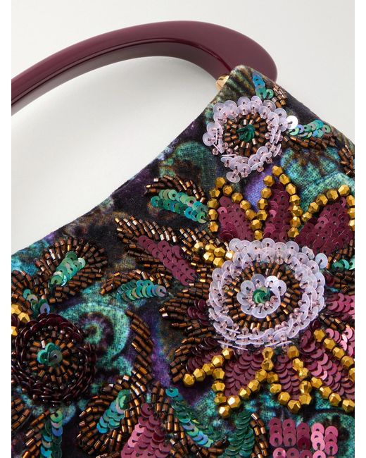 Dries Van Noten Black Bead-Embellished Printed Leather-Trimmed Velvet Tote