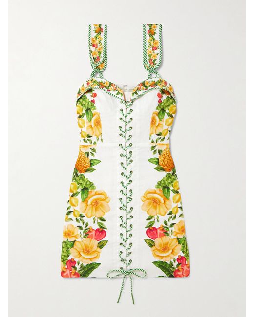 Farm Rio White Floral-Print Linen-Blend Mini Dress