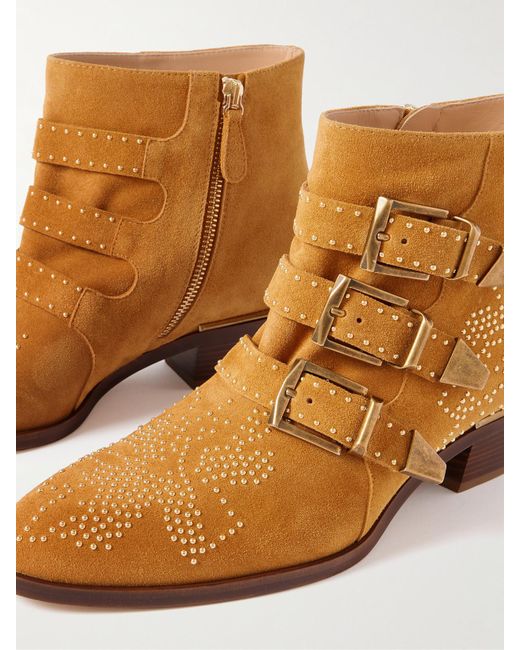 Chloé Brown Susan Ankle Boots Aus Veloursleder Mit Nieten Und Schnallen