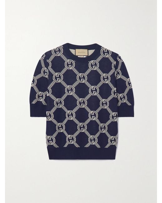 Gucci Blue Navy Reversible gg Jacquard Wool Sweater