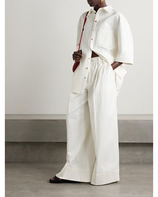 Christopher John Rogers White Pleated Embroidered Cotton Wide-Leg Pants