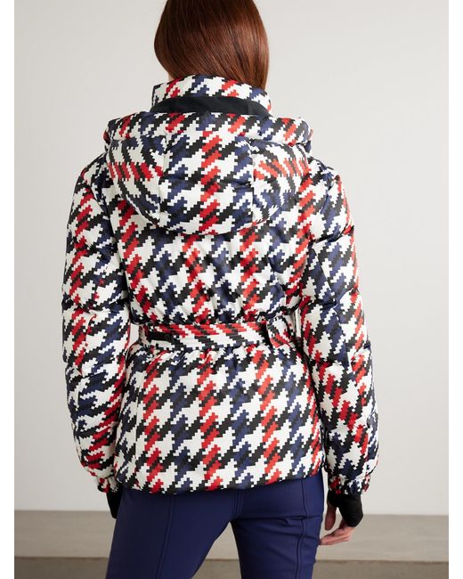 Perfect Moment Red Candice Hooded Belted Houndstooth Down Ski Jacket