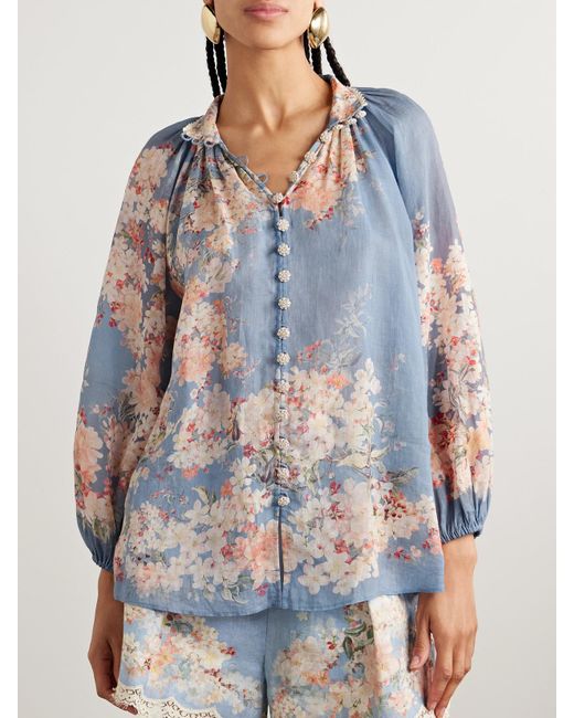 Zimmermann Blue Cascadian Lace-Trimmed Floral-Print Ramie Blouse