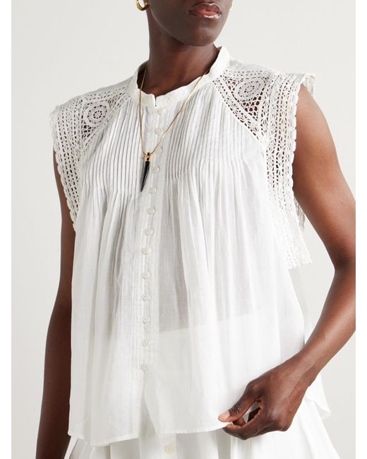 Isabel Marant White Gresia Bluse Aus Baumwoll-Voile Mit Biesen Und Häkelbesätzen