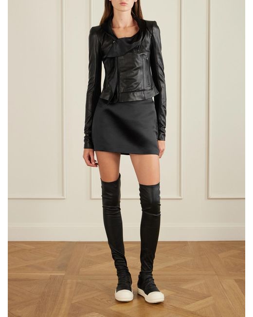 Rick Owens Black Satin Twill-Trimmed Leather Jacket