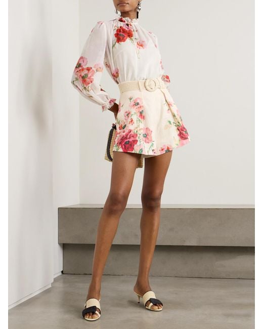 Zimmermann Pink Lightburst Ruffled Floral-Print Cotton And Silk-Blend Voile Blouse