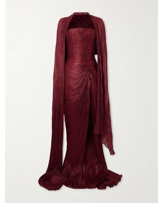 Marmar Halim Red Trägerlose Robe Und Cape Aus Plissiertem Seidensatin