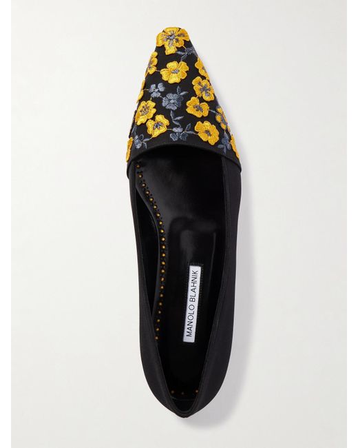 Manolo Blahnik White Safiye Embroidered Crepe De Chine Point-Toe Flats