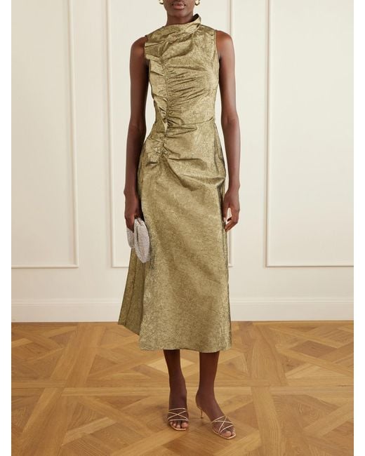 Ulla Johnson Natural Demetria Asymmetric Ruffled Metallic Taffeta Midi Dress