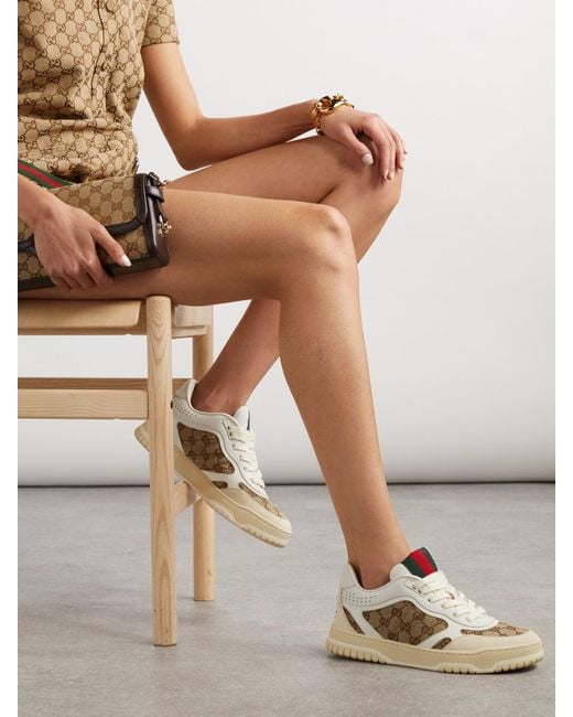 Gucci Natural Re-Web Leather And Canvas-Jacquard Sneakers
