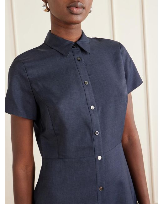 Theory Blue Belted Pleated Satin Midi Dress