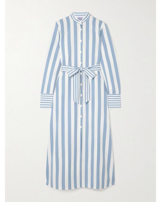 Thierry Colson Blue Alla Maxi-Hemdblusenkleid Aus Gestreifter Baumwollpopeline Mit Bindegürtel