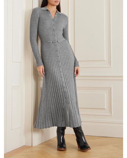 Gabriela Hearst Gray Tenes Belted Ribbed Silk And Cashmere-Blend Midi Dress