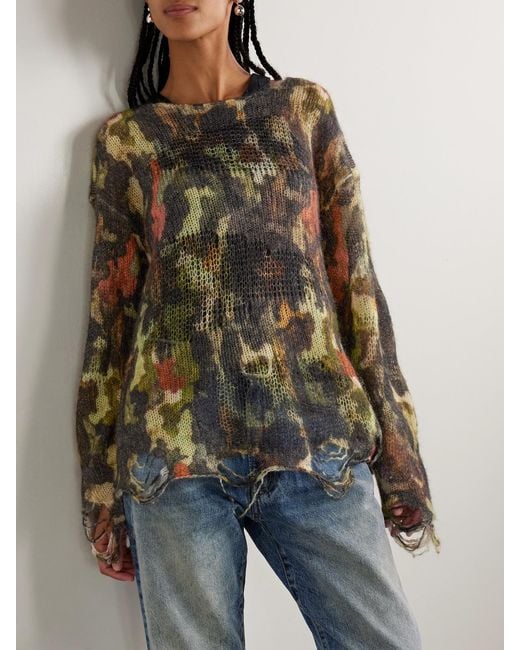R13 Green Boyfriend Distressed Camouflage-Print Open-Knit Sweater