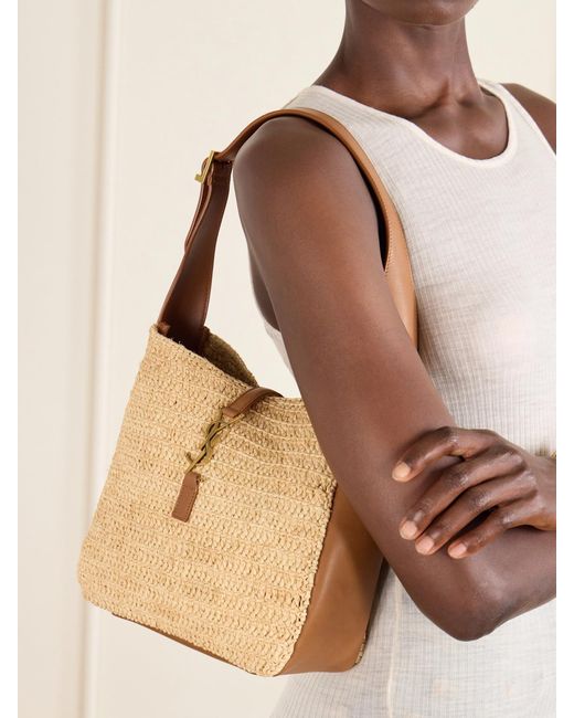 Saint Laurent Natural Le 5 À 7 Bea Small Leather-Trimmed Raffia Shoulder Bag