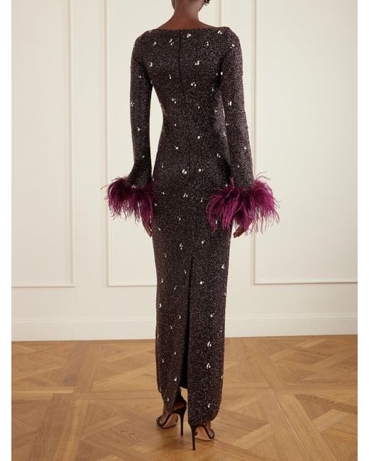 Clio Peppiatt Black Mae Feather-Trimmed Embellished Beaded Tulle Gown