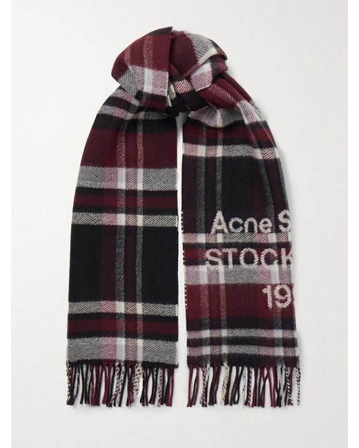 Écharpe En Laine Mélangée À Carreaux Et À Franges Acne en coloris Red