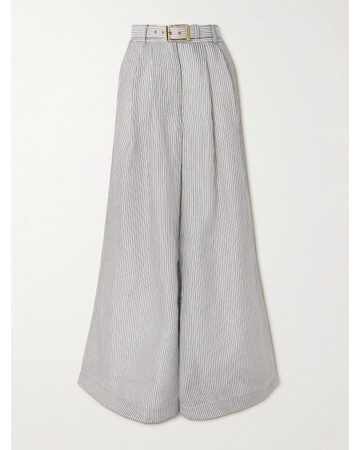 Zimmermann Gray Belted Striped Cotton And Silk-Blend Wide-Leg Pants