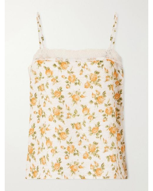 Miguelina Natural Olympia Floral-Printed Lace-Trimmed Linen Cami
