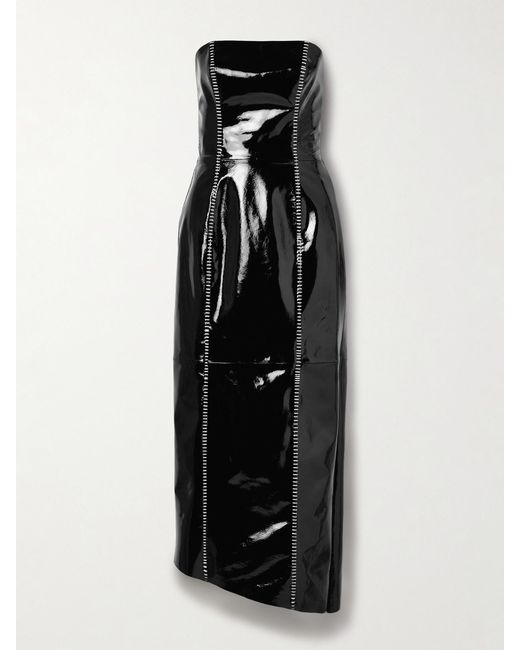 Salon 1884 Black Sioux Strapless Asymmetric Whipstitched Patent-Leather Dress