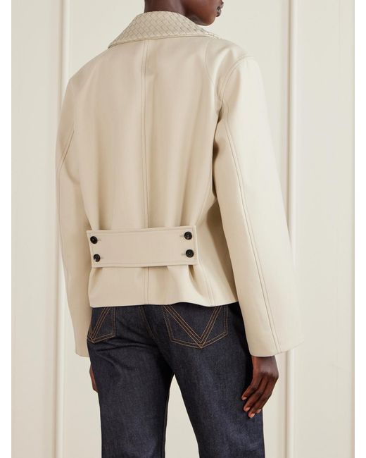Bottega Veneta Natural Double-Breasted Intrecciato Leather-Trimmed Wool And Cotton-Blend Jacket