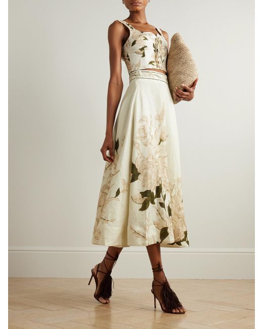 Agua Bendita Natural Bergamota Gardenia Floral-Print Linen Midi Skirt