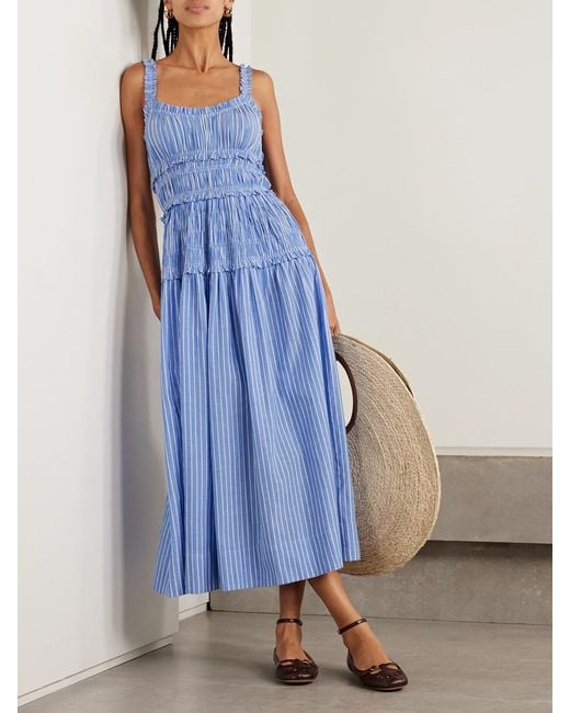 Doen Blue Marianne Shirred Striped Cotton-Poplin Midi Dress