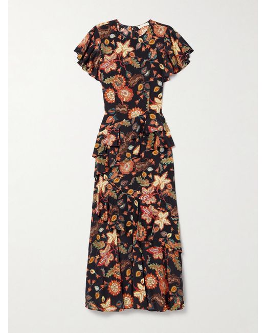 Ulla Johnson White Amaia Tiered Ruffled Floral-Print Silk Midi Dress