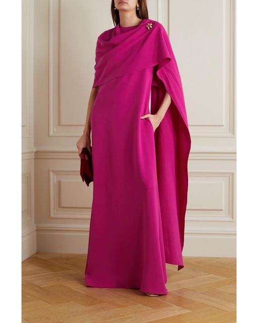 Oscar de la Renta Pink Cape-Effect Embellished Silk-Blend Gown