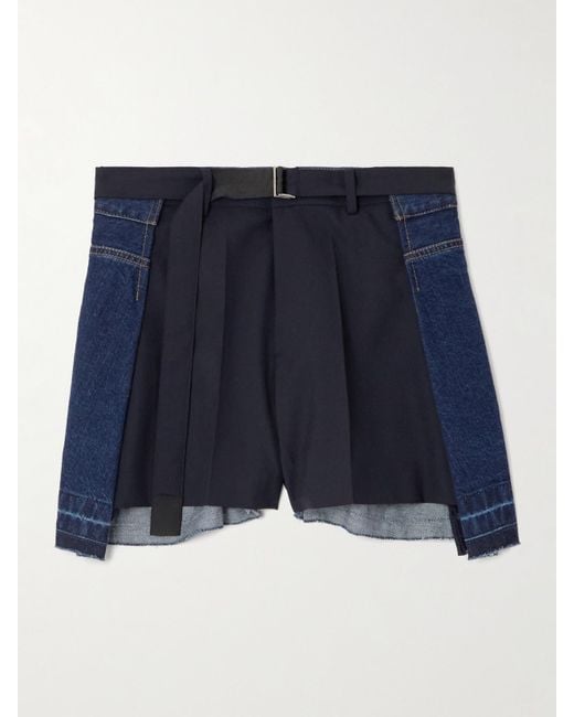 Sacai Blue Shorts Aus Denim Und Shell Mit Falten Und Gürtel