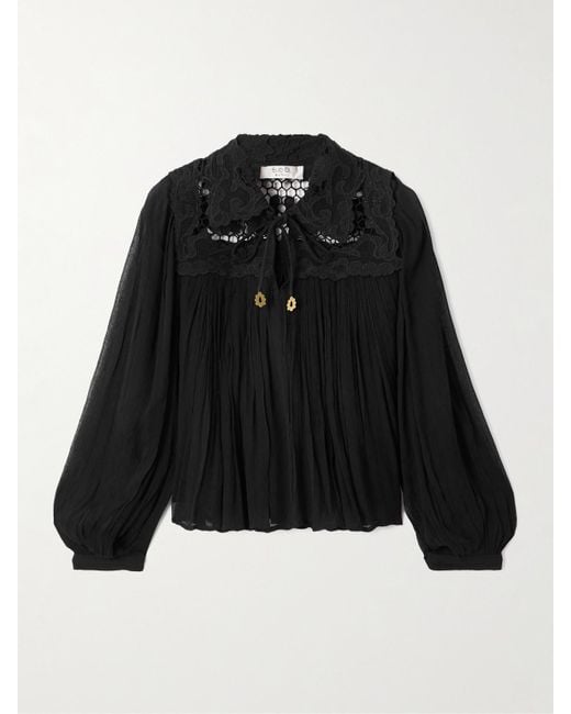 Sea Black Daphne Lace-Trimmed Crinkled Crepon Blouse