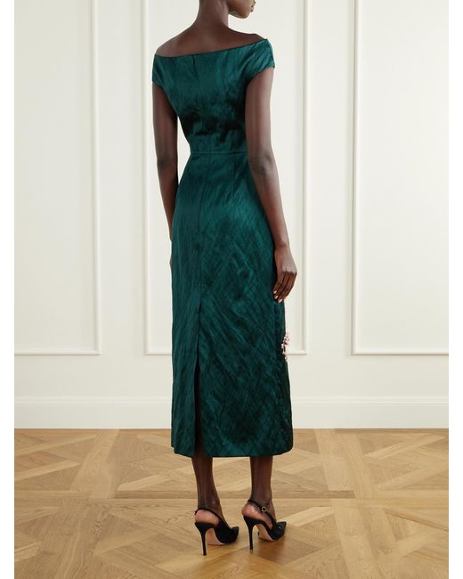 Erdem Green Floral-Embroidered Satin Midi Dress