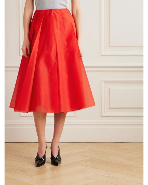 Altuzarra Red Dex Pleated Silk-Organza Midi Skirt