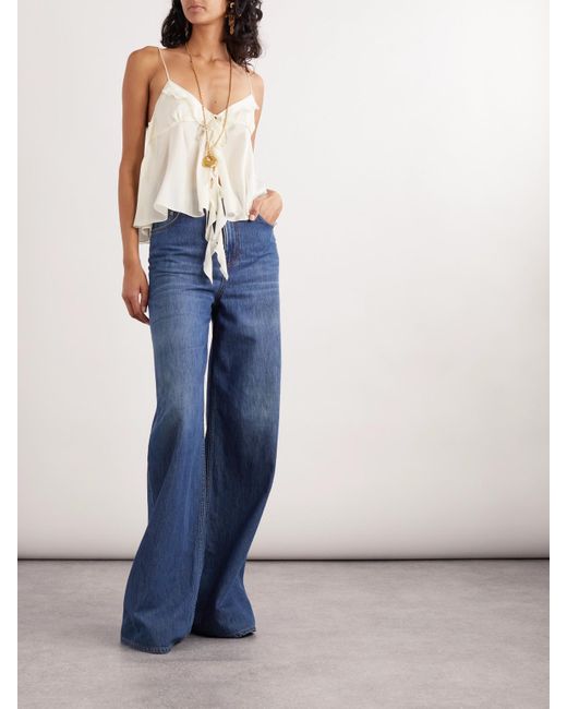 Chloé White Top Aus Seidenchiffon Mit Volants Zum Binden