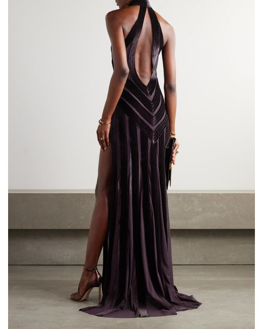 Tom Ford Purple Open-Back Cutout Paneled Tulle And Velvet Halterneck Gown