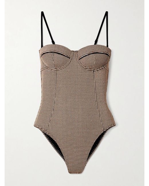Staud Brown Maeve Checked Piqué Underwired Swimsuit