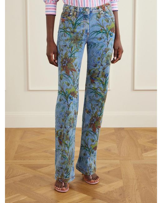 Etro Blue Floral-Print Straight-Leg Jeans