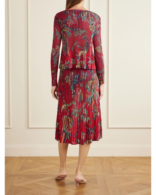 Etro Red Floral-Print Open-Knit Ribbed Blouse