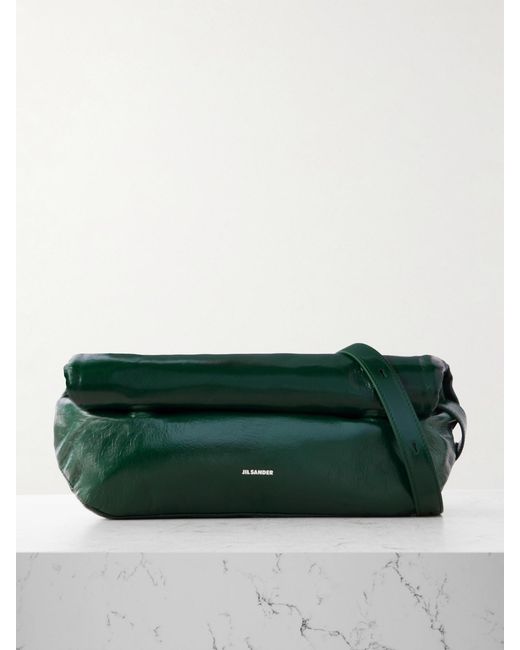 Jil Sander Green Small Glossed Crinkled-Leather Shoulder Bag