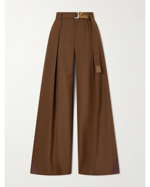 Sacai Brown Belted Pleated Crepe Wide-Leg Pants