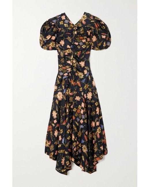 Ulla Johnson Heleen Asymmetric Ruched Floralprint Silktwill Dress in