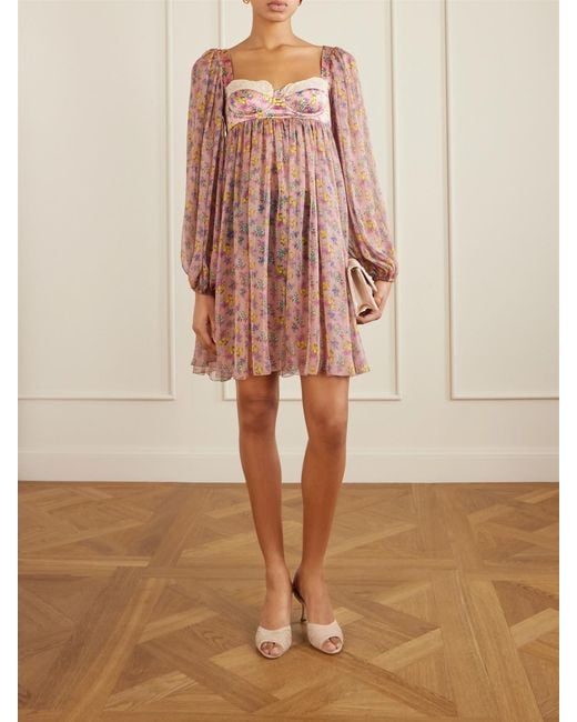 Dolce & Gabbana Pink Lace-Trimmed Floral-Print Silk-Blend Satin And Chiffon Mini Dress