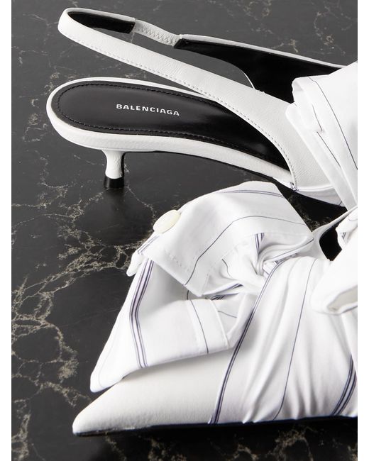 Balenciaga White Striped Poplin-Trimmed Leather Slingback Pumps