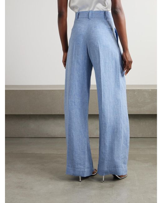 Brunello Cucinelli Blue Pleated Linen-Blend Wide-Leg Pants