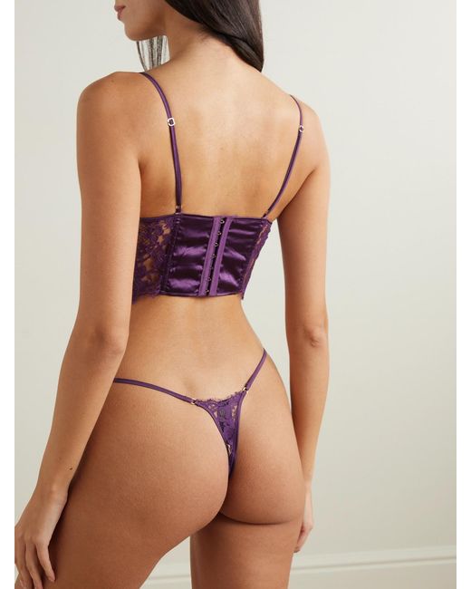 Kiki de Montparnasse Purple Camille Stretch-Silk Satin-Trimmed Organic Cotton-Blend Lace Underwired Bra
