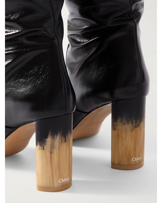 Chloé Black Georgia Ruched Polished-Leather Knee Boots