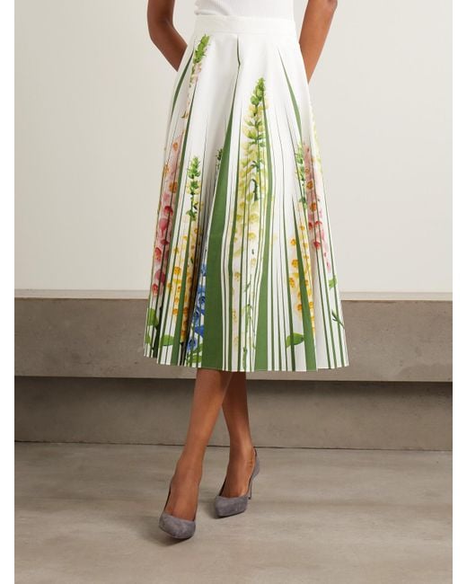 Oscar de la Renta Green Foxgloves Floral-Print Cotton-Blend Poplin Midi Skirt