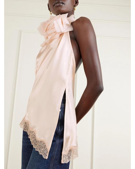 Magda Butrym Pink Appliquéd Lace-Trimmed Silk-Satin Halterneck Top