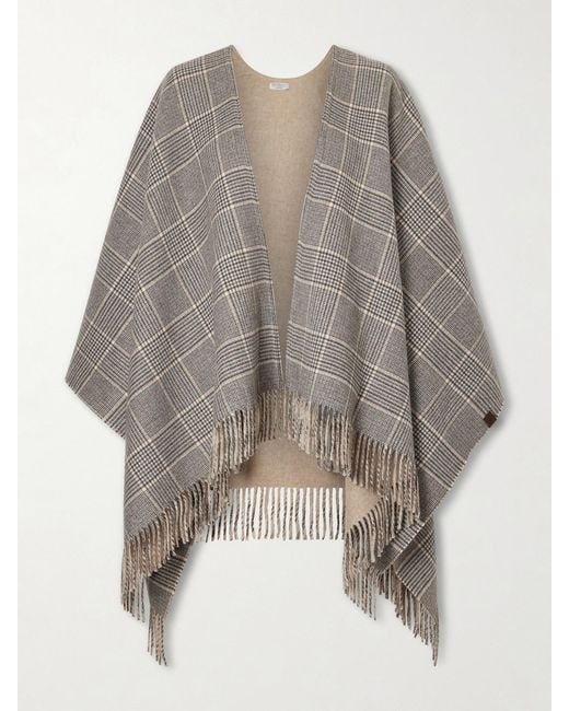 Brunello Cucinelli Gray Fringed Prince-Of-Wales Checked Cashmere Wrap