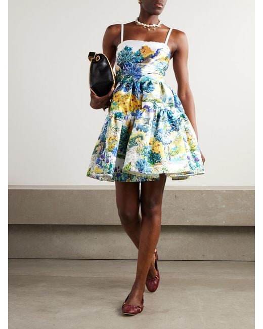 Mary Katrantzou Blue Margot Tiered Floral-Print Cotton-Faille Mini Dress